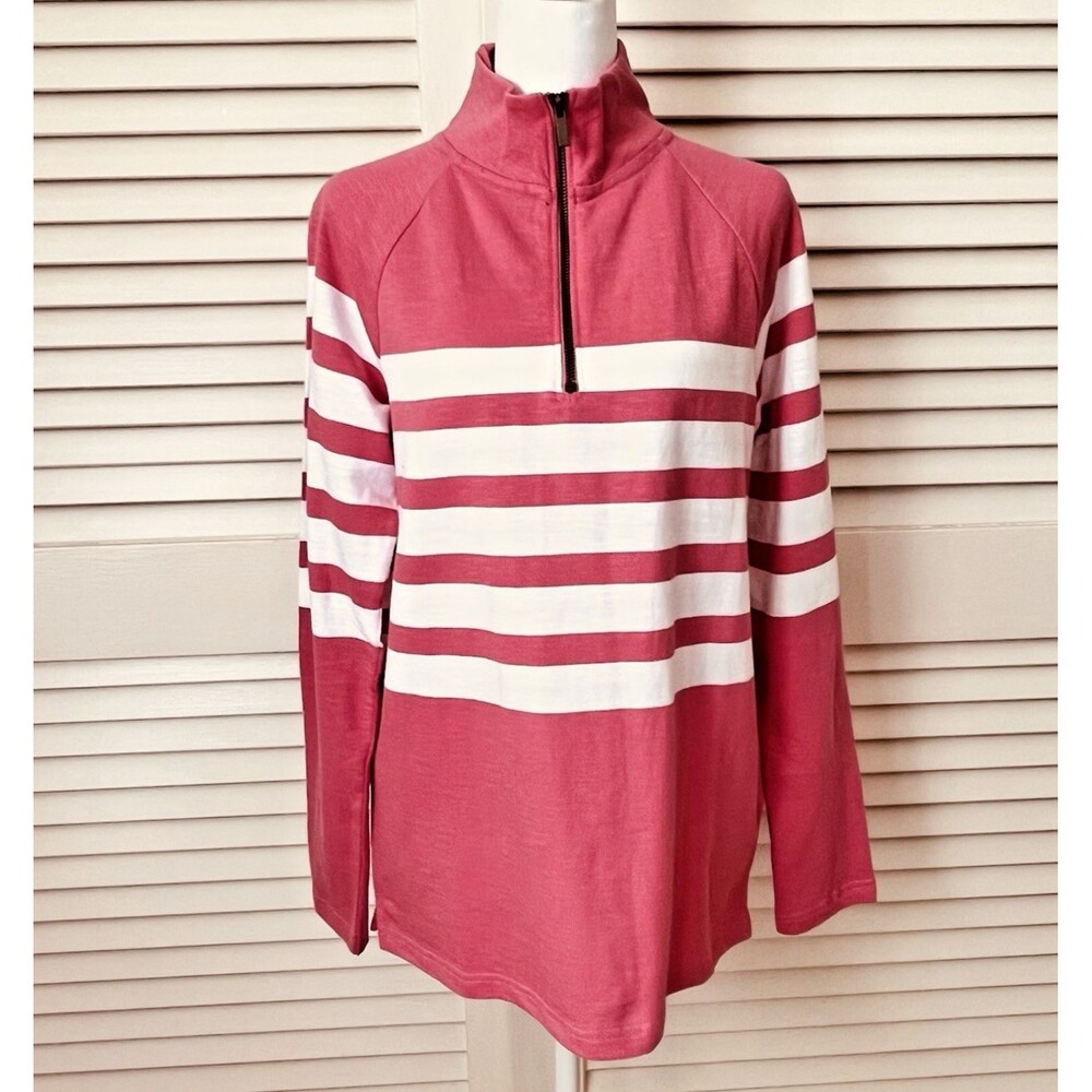 Lands End S Womens Coral White Striped 100% Cotton Quarter Zip Pullover